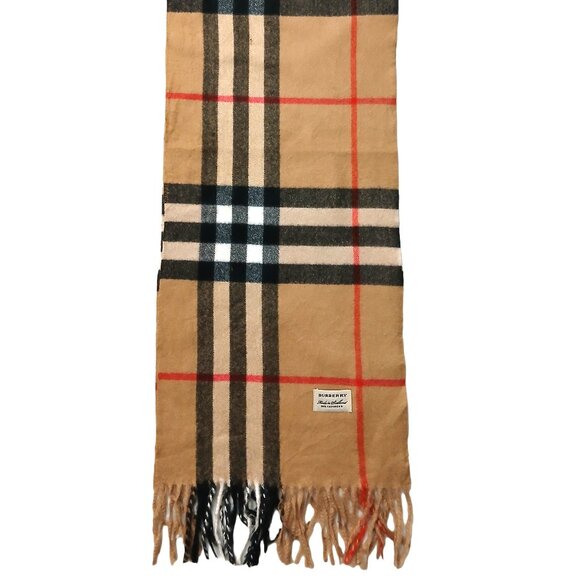 Burberry Ladies Vintage Tan Black Red White Luxury Large Print Plaid Scarf - Picture 1 of 6